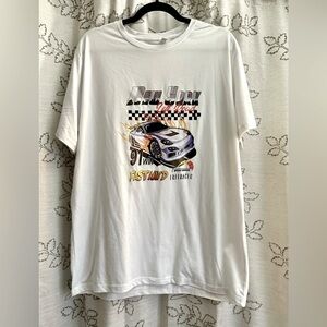 NWOT - Men’s Large Race Car T-shirt. Flames. New York. Checkered-Smoke Free Home